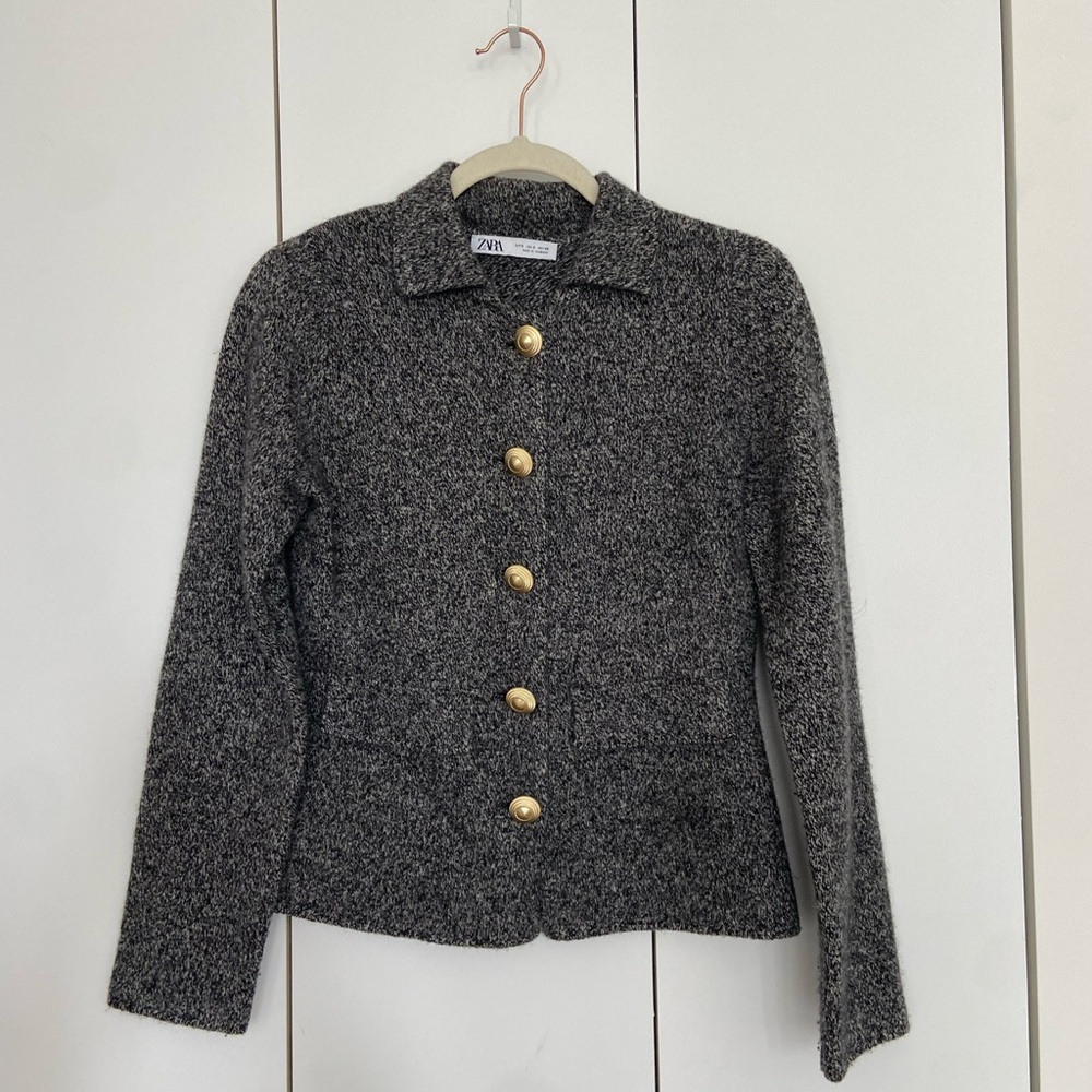 Zara Gray Textured Knit Cardigan with Gold Buttons